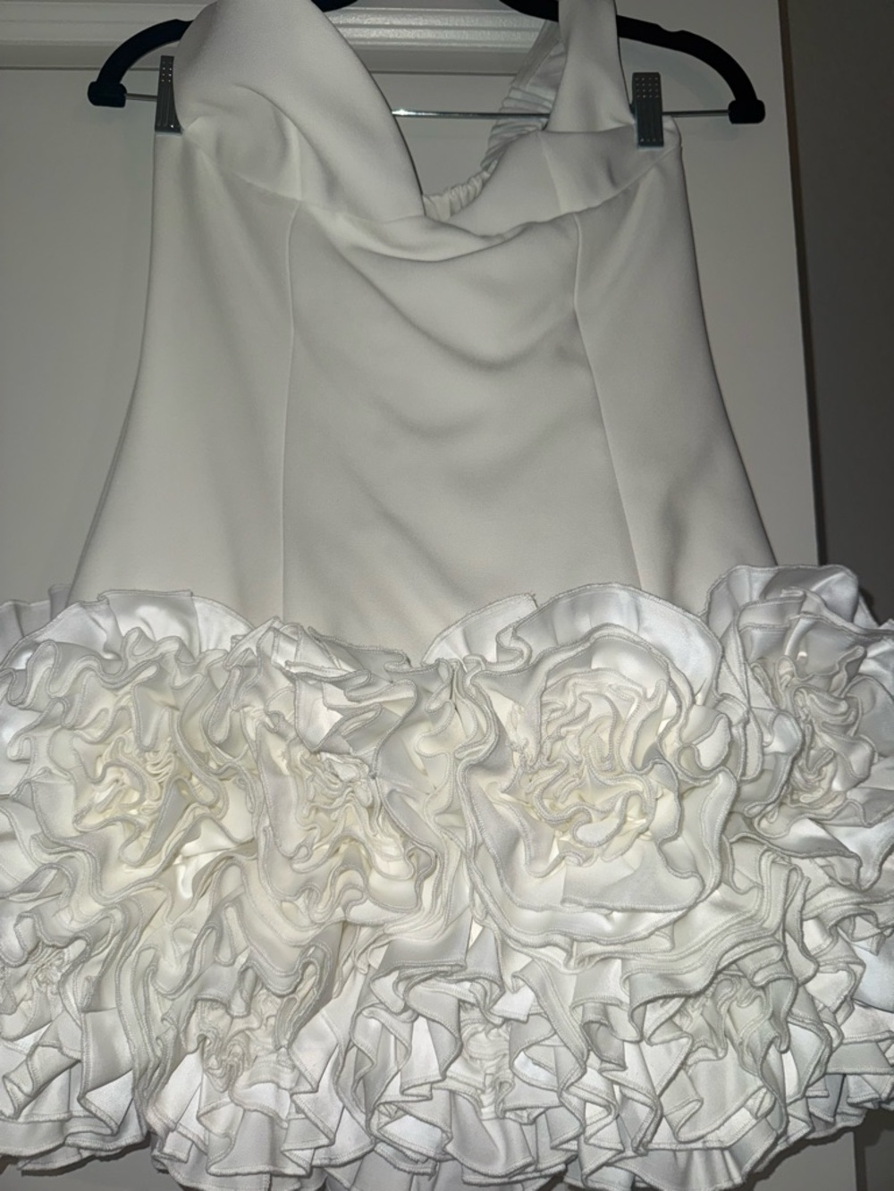 Off-Shoulder Ivory Ruffle Hem Mini Dress - Picture 3 of 5